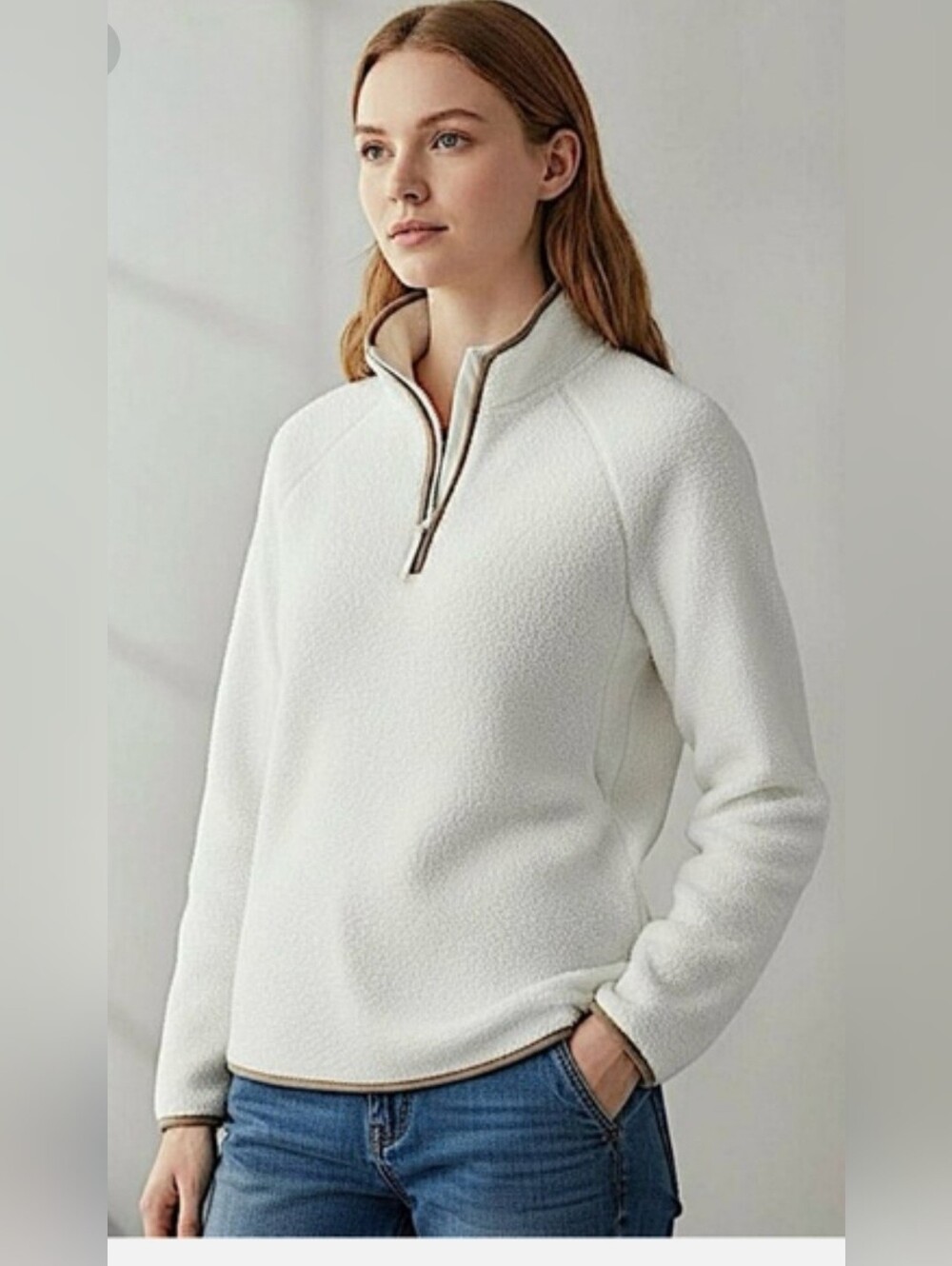 J. Crew Cream Sherpa Half-Zip Pullover with Tan Trim